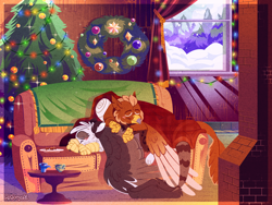 Size: 2048x1536 | Tagged: safe, artist:mrraapeti, derpibooru import, oc, oc only, oc:pavlos, griffon, christmas, christmas tree, christmas wreath, duo, fireplace, griffon oc, holiday, indoors, sleeping, snow, sofa, string lights, tree, window, wreath