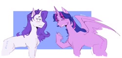 Size: 1878x893 | Tagged: safe, artist:killektric, derpibooru import, rarity, twilight sparkle, twilight sparkle (alicorn), alicorn, pony, unicorn, alternate hairstyle, blushing, chest fluff, duo, duo female, eyes closed, eyeshadow, female, grin, horn, lesbian, makeup, mare, rarilight, shipping, smiling, unshorn fetlocks