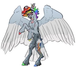 Size: 992x871 | Tagged: safe, artist:stygios, derpibooru import, rainbow dash, pegasus, pony, g4, alternate design, aviator goggles, chest fluff, ear piercing, earring, eye scar, facial scar, fangs, female, goggles, goggles on head, jewelry, mare, nose piercing, nose ring, open mouth, piercing, rearing, scar, simple background, solo, spread wings, unshorn fetlocks, white background, wings