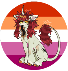 Size: 780x809 | Tagged: safe, artist:stygios, derpibooru import, oc, oc only, centipede, pony, spider, unicorn, curved horn, ear piercing, earring, female, horn, jewelry, leonine tail, lesbian pride flag, mare, piercing, ponies eating insects, pride, pride flag, sitting, slit eyes, solo, tail, unshorn fetlocks