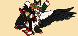 Size: 780x358 | Tagged: safe, artist:stygios, derpibooru import, oc, oc only, oc:techno sketch, hedgehog, pegasus, pony, arm warmers, clothes, colored wings, colored wingtips, duo, male, open mouth, shadow the hedgehog, sonic the hedgehog (series), spread wings, wings