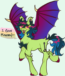 Size: 780x914 | Tagged: safe, artist:stygios, derpibooru import, oc, oc only, bat pony, pony, chest fluff, dialogue, fangs, green background, simple background, solo, speech bubble, spread wings, wings