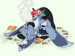 Size: 780x579 | Tagged: safe, artist:stygios, derpibooru import, rainbow dash, pegasus, semi-anthro, g4, alternate design, beanbag chair, bong, controller, drug use, drugs, ear piercing, earring, female, gamer, jewelry, mare, marijuana, piercing, smoking, solo, spread wings, unshorn fetlocks, wings