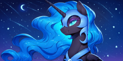 Size: 2400x1200 | Tagged: safe, ai content, derpibooru import, machine learning generated, nightmare moon, alicorn, pony, female, helmet, mare, moon, night, outdoors, prompter:greesys, solo, stars