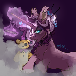 Size: 780x780 | Tagged: safe, artist:stygios, derpibooru import, oc, oc only, pony, unicorn, bowtie, drugs, ear piercing, earring, female, glasses, hair bun, hairsticks, hat, horn, jewelry, magic, mare, marijuana, piercing, plushie, smoking, solo, teddy bear, telekinesis, top hat, unshorn fetlocks, vape