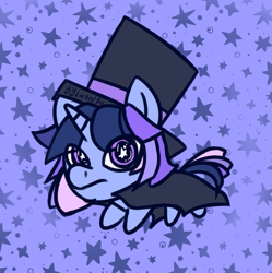 Size: 1205x1210 | Tagged: safe, artist:andsonlockedbox, derpibooru import, oc, oc:flawless sparklemoon, pony, unicorn, cape, chibi, clothes, female, full body, fusion, fusion:trixie, fusion:twilight sparkle, fusion:twixie, hat, horn, looking at you, mare, my little pony the movie: the death of twilight sparkle, patterned background, solo, star background, starry eyes, top hat, wingding eyes