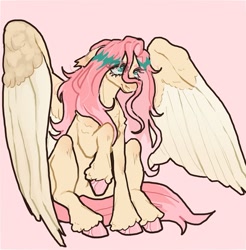 Size: 983x1001 | Tagged: safe, artist:stygios, derpibooru import, fluttershy, pegasus, pony, g4, female, mare, pink background, simple background, sitting, solo