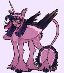 Size: 1103x1243 | Tagged: safe, artist:stygios, derpibooru import, twilight sparkle, twilight sparkle (alicorn), alicorn, pony, g4, alternate design, female, glasses, glasses chain, leonine tail, mare, pink background, simple background, solo, tail, tail wings, unshorn fetlocks