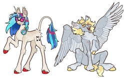 Size: 1323x831 | Tagged: safe, artist:stygios, derpibooru import, derpy hooves, dj pon-3, vinyl scratch, pegasus, pony, unicorn, g4, alternate design, duo, female, headphones, horn, leonine tail, mare, simple background, sitting, spread wings, tail, unshorn fetlocks, vinyl's glasses, wings