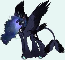 Size: 1440x1338 | Tagged: safe, artist:stygios, derpibooru import, princess luna, alicorn, pony, g4, alternate design, female, hoof shoes, jewelry, leonine tail, mare, peytral, regalia, simple background, solo, spread wings, tail, tail wings, unshorn fetlocks, wings