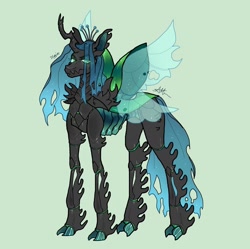 Size: 1440x1435 | Tagged: safe, artist:stygios, derpibooru import, queen chrysalis, changeling, changeling queen, g4, alternate design, cloven hooves, female, green background, simple background, solo, spread wings, wings