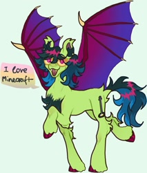 Size: 1440x1688 | Tagged: safe, artist:stygios, derpibooru import, oc, oc only, bat pony, pony, chest fluff, dialogue, fangs, green background, simple background, solo, speech bubble, spread wings, wings