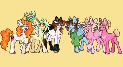 Size: 1440x789 | Tagged: safe, artist:stygios, derpibooru import, oc, oc only, oc:techno sketch, pegasus, pony, unicorn, arm warmers, baseball cap, cap, clothes, colored wings, colored wingtips, female, hat, hoodie, horn, jewelry, mare, necklace, simple background, spread wings, wings, yellow background