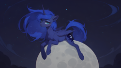 Size: 3840x2176 | Tagged: safe, ai content, artist:truekry, derpibooru import, machine learning assisted, princess luna, alicorn, pony, g4, cloud, ethereal mane, ethereal tail, female, generator:tponynai3, horn, looking at you, lying down, mare, moon, night, outdoors, prone, solo, stars, tail, tangible heavenly object, three quarter view, wallpaper, wings