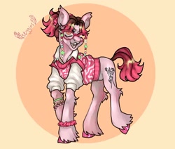 Size: 1440x1219 | Tagged: safe, artist:stygios, derpibooru import, oc, oc only, earth pony, pony, abstract background, armband, bracelet, clothes, commission, female, glasses, glasses chain, jewelry, mare, nose piercing, piercing, scrunchie, sweater