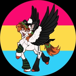 Size: 750x750 | Tagged: safe, artist:stygios, derpibooru import, oc, oc only, oc:techno sketch, pegasus, pony, arm warmers, clothes, eye clipping through hair, female, jewelry, mare, necklace, open mouth, pansexual pride flag, pride, pride flag, solo