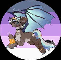 Size: 1440x1429 | Tagged: safe, artist:stygios, derpibooru import, oc, oc only, bat pony, pony, asexual pride flag, asexual spectrum pride flag, bandage, bracelet, bracer, chest fluff, choker, commission, ear piercing, earring, greysexual pride flag, jewelry, male, necklace, piercing, pride, pride flag, solo, stallion, unshorn fetlocks