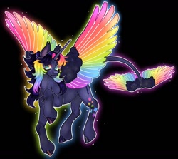 Size: 1440x1285 | Tagged: safe, artist:stygios, derpibooru import, oc, oc only, alicorn, pony, alicorn oc, black background, colored wings, flying, horn, leonine tail, multicolored wings, rainbow wings, simple background, solo, spread wings, tail, tail wings, wings