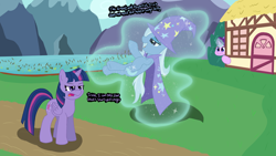 Size: 1920x1080 | Tagged: safe, artist:agreylongma, derpibooru import, starlight glimmer, trixie, twilight sparkle, twilight sparkle (alicorn), alicorn, pony, unicorn, g4, cape, clothes, dialogue, female, glowing, glowing horn, hat, horn, house, lake, levitation, magic, magic aura, mare, mountain, open mouth, outdoors, path, telekinesis, water