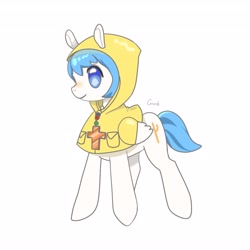 Size: 4096x4096 | Tagged: safe, artist:ph_antom, derpibooru import, pegasus, pony, bead necklace, cross, cross necklace, female, full body, hood up, jewelry, jubilee 2025, luce, mare, necklace, ponified, raincoat, rule 85, simple background, smiling, solo, species swap, text, vatican, white background