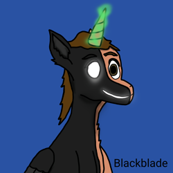 Size: 2560x2560 | Tagged: safe, artist:blackblade360, derpibooru import, oc, oc only, oc:blade (blackblade360), alicorn, pony, 2024, alicorn oc, artificial alicorn, blue background, brown coat, brown mane, bust, dark magic, digital art, glowing, glowing eyes, glowing horn, glowing mouth, green eyes, horn, ibispaint x, looking at you, magic, male, pony oc, signature, simple background, smiling, smiling at you, stallion, stallion oc, wings