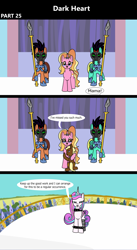 Size: 1920x3516 | Tagged: safe, artist:platinumdrop, derpibooru import, luster dawn, princess flurry heart, oc, alicorn, earth pony, pony, unicorn, comic:dark heart, g4, 3 panel comic, alternate timeline, armor, balcony, collar, colt, comic, commission, crying, crystal empire, dialogue, evil flurry heart, eyes closed, female, foal, folded wings, glowing, glowing eyes, guard, happy, helmet, horn, horn ring, jewelry, looking at each other, looking at someone, looking at you, magic suppression, male, mare, mind control, mother and child, mother and son, offscreen character, older, older flurry heart, open mouth, outdoors, parent and child, regalia, ring, slave, slave collar, smiling, smug, sombra soldier, spear, speech bubble, spiked collar, spiked wristband, stallion, tears of joy, victorious villain, weapon, wings, wristband