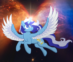 Size: 3288x2784 | Tagged: safe, artist:jesterofdestiny, derpibooru import, minuette, alicorn, g4, alicornified, ethereal mane, james webb space telescope, lens flare, minuetticorn, nebula, protostar, race swap, smiling, solo, space, spread wings, starry mane, starry wings, wings