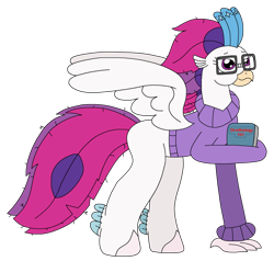 Size: 2466x2350 | Tagged: safe, artist:supahdonarudo, derpibooru import, queen novo, classical hippogriff, hippogriff, g4, adorkable, book, clothes, cute, dork, female, glasses, holding, nerd, novobetes, simple background, sweater, transparent background