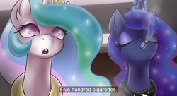 Size: 3775x2050 | Tagged: safe, artist:maretheory.exe, derpibooru import, princess celestia, princess luna, cigarette, expressionless face, eyes closed, meme, smoking, subtitles, the orville