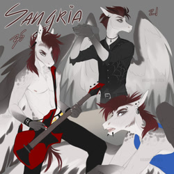 Size: 2000x2000 | Tagged: safe, artist:dementra369, derpibooru import, oc, oc only, oc:sangria, anthro, pegasus, clothes, facial hair, guitar, male, musical instrument, nudity, partial nudity, piercing, self paradox, solo, spread wings, winged anthro, wings