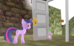 Size: 1920x1200 | Tagged: safe, artist:puzzlshield2, derpibooru import, spike, twilight sparkle, unicorn twilight, dragon, pony, unicorn, boast busters, g4, season 1, 3d, door, duo, duo male and female, female, hazy maze cave, hoof fluff, horn, male, mmd, my little pony: friendship is magic, png, recreation, remake, render, simple background, super mario 64, super mario bros., transparent background, unimpressed, wingless spike