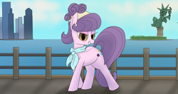 Size: 4096x2160 | Tagged: safe, artist:suryfromheaven, derpibooru import, suri polomare, earth pony, g4, clothes, coast, female, looking at you, manehattan, mare, ocean, outdoors, pose, scarf, statue of liberty, water