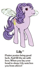 Size: 550x1000 | Tagged: safe, derpibooru import, lily (g1), flutter pony, pegasus, pony, g1, bow, cute, female, g1 backstory, g1 lilybetes, mare, my little pony fact file, official, open mouth, open smile, smiling, solo, tail, tail bow, text