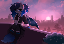 Size: 2880x2000 | Tagged: safe, artist:alunedoodle, derpibooru import, oc, oc only, bat pony, pony, belt, belt buckle, choker, clothes, cloud, ear piercing, earring, female, gem, jewelry, looking at you, outdoors, piercing, scenery, short shirt, smiling, smiling at you, solo, stockings, sunset, thigh highs, three toned mane, three toned tail, town