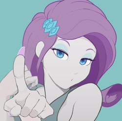 Size: 1932x1910 | Tagged: safe, artist:noupu, derpibooru import, rarity, human, equestria girls, g4, blue background, bust, female, lidded eyes, long nails, looking at you, pointing at you, seductive look, simple background, solo