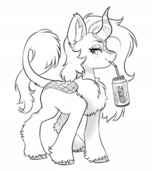 Size: 1816x2048 | Tagged: safe, artist:opalacorn, derpibooru import, oc, oc only, oc:azure dusk, kirin, black and white, drink, drinking, female, fluffy, food, grayscale, horn, kirin oc, monochrome, pineapple, raffle prize, simple background, solo