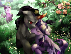 Size: 1400x1050 | Tagged: safe, artist:tingsan, derpibooru import, king sombra, spike, starlight glimmer, twilight sparkle, twilight sparkle (alicorn), alicorn, dragon, pony, unicorn, g4, blushing, curved horn, female, flower, horn, lying down, male, mare, nuzzling, outdoors, prone, ship:twibra, shipping, spread wings, stallion, straight, wings