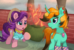 Size: 2100x1406 | Tagged: safe, artist:swasfews, derpibooru import, firecracker burst, spoiled rich, earth pony, unicorn, g4, boots, brick wall, ear piercing, earring, fire, horn, jewelry, necklace, outdoors, piercing, pointing, shoes