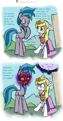 Size: 1280x2460 | Tagged: safe, artist:askaponywithbraces, derpibooru import, air way, pony, g4, 2 panel comic, clothes, comic, dialogue, dress, outdoors, ponified, princess zelda, spanish, species swap, the legend of zelda, the legend of zelda: majora's mask, translated in the description