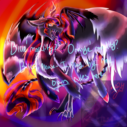 Size: 5800x5800 | Tagged: safe, artist:florarena-kitasatina/dragonborne fox, derpibooru import, oc, oc only, oc:dark reflections, alicorn, changeling, absurd resolution, drool, ears, edgy, floppy ears, heterochromia, hybrid oc, hybrid wings, leonine tail, multicolored coat, multicolored hair, open mouth, raised leg, shrunken pupils, signature, tail, talons, twisted horn, wat, watermark, wide eyes, wings