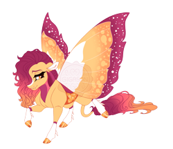 Size: 4400x3800 | Tagged: safe, artist:gigason, derpibooru import, oc, oc only, oc:drosophila, changepony, hybrid, butterfly wings, coat markings, colored pinnae, colored wings, cute, cute little fangs, facial markings, fangs, female, golden eyes, gradient hooves, gradient mane, gradient tail, gradient wings, hair over one eye, leonine tail, lidded eyes, magical lesbian spawn, multicolored wings, offspring, parent:fluttershy, parent:oc:poppy pigment, parents:canon x oc, raised hoof, raised leg, shiny hooves, simple background, socks (coat marking), solo, spread wings, stripe (coat marking), tail, transparent background, wings