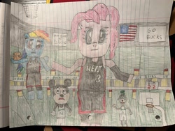 Size: 4032x3024 | Tagged: safe, artist:mvandybrony2k12, derpibooru import, pinkie pie, rainbow dash, anthro, basketball, dwayne wade, goofy, lebron james, miami heat, mickey mouse, milwaukee bucks, nba, sports, traditional art