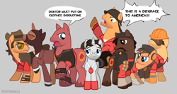 Size: 1875x1000 | Tagged: safe, artist:zeffdakilla, derpibooru import, pegasus, pony, unicorn, angry, demoman (tf2), disgusted, engineer (tf2), gray background, heavy weapons guy, horn, looking at someone, male, medic (tf2), ponified, sad, scout (tf2), show accurate, simple background, sniper (tf2), soldier (tf2), species swap, speech bubble, spy (tf2), stallion, standing, talking, team fortress 2, text, we don't normally wear clothes