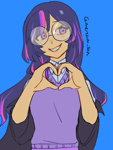 Size: 3072x4096 | Tagged: safe, artist:metaruscarlet, derpibooru import, twilight sparkle, human, alternate hairstyle, blue background, clothes, glasses, heart, humanized, simple background, solo