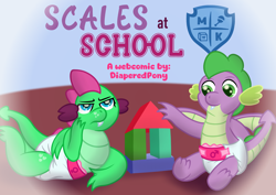 Size: 4960x3508 | Tagged: safe, artist:sweetielover, derpibooru import, spike, oc, oc:goldigony, dragon, comic:scales at school, g4, blocks, bored, comic, diaper, dragoness, duo, female, folded wings, high res, letter, lying down, male, sitting, webcomic, wings