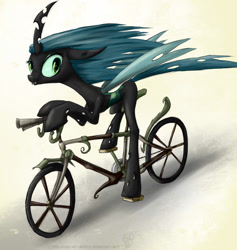 Size: 1457x1535 | Tagged: safe, artist:rule1of1coldfire, derpibooru import, queen chrysalis, changeling, changeling queen, g4, 2012, bicycle, colored sketch, fangs, female, lanky, long legs, mare, shading, sketch, skinny, solo, tall, thin, watermark