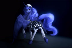 Size: 2982x2011 | Tagged: safe, artist:sh1la, derpibooru import, princess luna, alicorn, pony, g4, clothes, female, looking back, maid, mare, raised hoof, raised leg, skirt, socks, solo, spread wings, uniform, wings