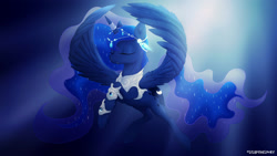 Size: 3265x1837 | Tagged: safe, artist:lilapudelpony, derpibooru import, princess luna, alicorn, pony, g4, armor, circlet, eyes closed, female, horn, horn ring, jewelry, mare, regalia, ring, solo