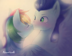 Size: 1860x1443 | Tagged: safe, artist:nicohoshi, derpibooru import, rainbow dash, soarin', pegasus, pony, g4, blushing, boop, cute, dashabetes, female, kiss on the lips, kissing, male, mare, noseboop, shipping, soarinbetes, soarindash, spread wings, stallion, straight, wings