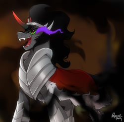 Size: 1024x1009 | Tagged: safe, artist:renciel, derpibooru import, king sombra, pony, umbrum, unicorn, g4, horn, male, open mouth, sharp teeth, solo, sombra eyes, stallion, teeth